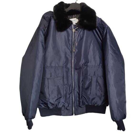 Vintage NWT NOS Galls Sz XL Police Security Bomber Jacket Navy Faux Fur Collar - Picture 1 of 7